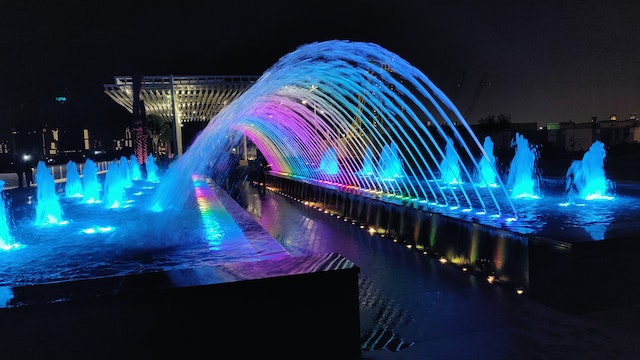 night view of Aspire Park  fountain 