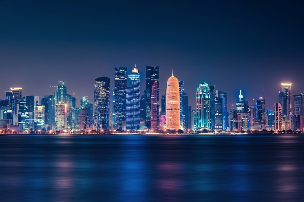 Amazing view of Doha with full of lights in the building from night boat cruise in Doha
