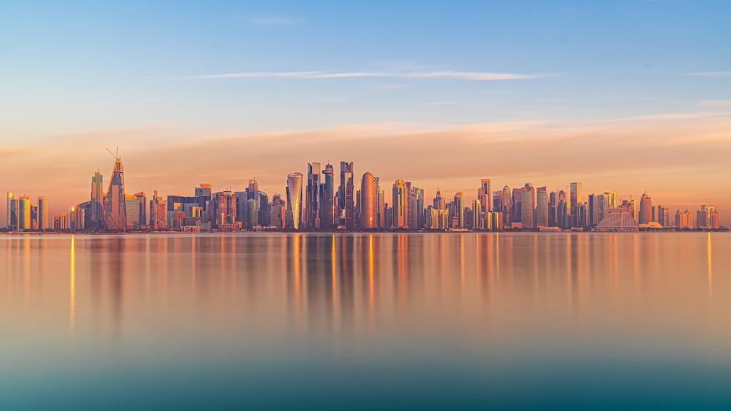 A mesmerizing view of Doha skyline from the boat cruise in sunset time