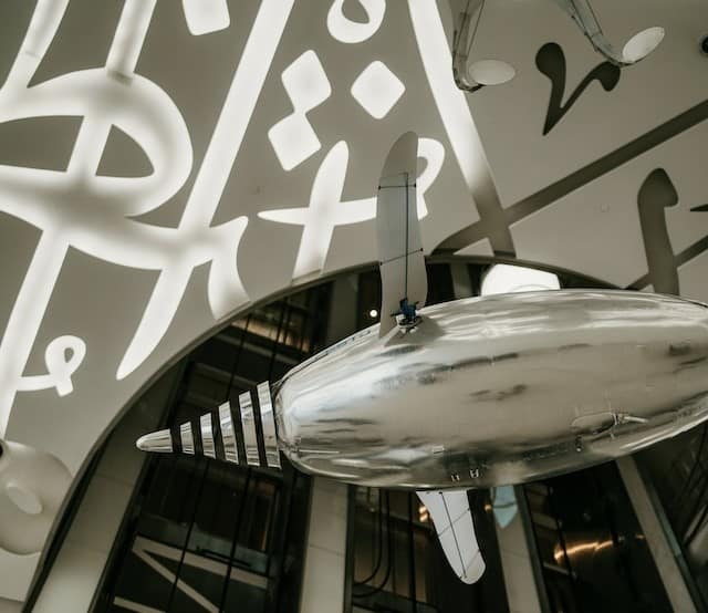 Mesmerizing futuristic flying fish at the entrance of Museum of future