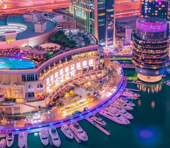 Aerial night view of Dubai marina Mall