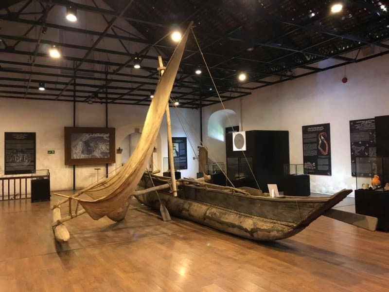 a sri Lankan traditional fishing boat model displayed inside the maritime museum at Galle fort