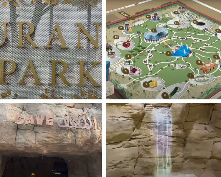 Entrance gate, map and inside view of the Quranic park Dubai