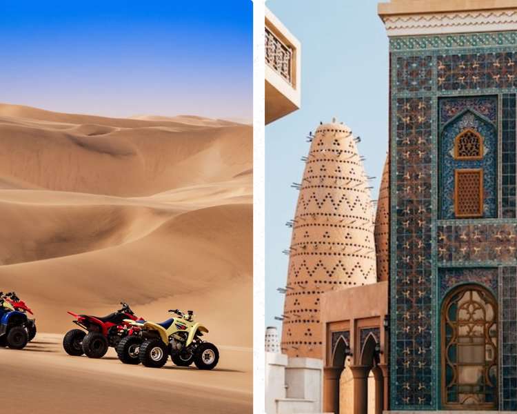 A side by side images of desert safari and Katara cultural village