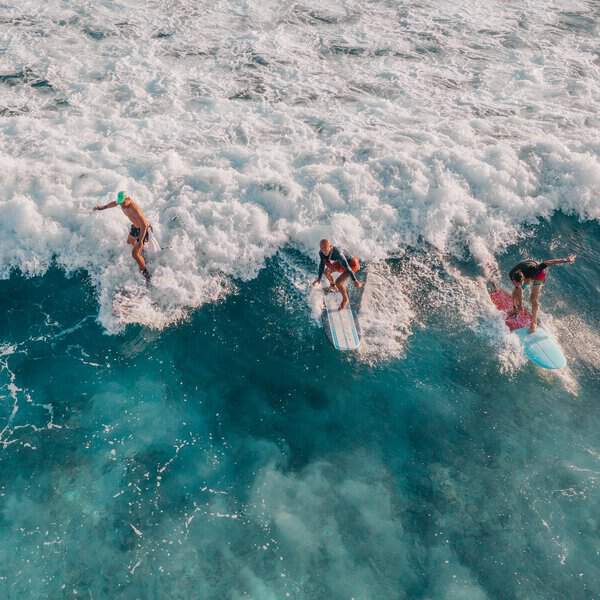 Three surfers learning to surf on a small waves