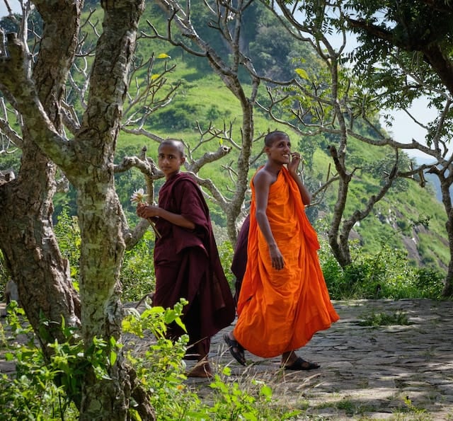 two monks walking to the Dambulla cave temple