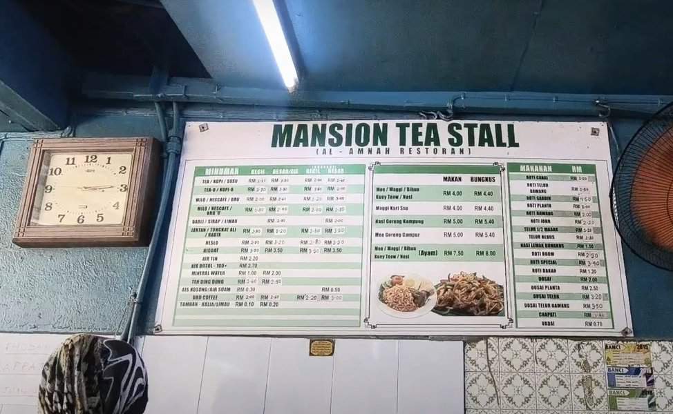 Mansion Tea Stall Menu and price dispalyed in the wall